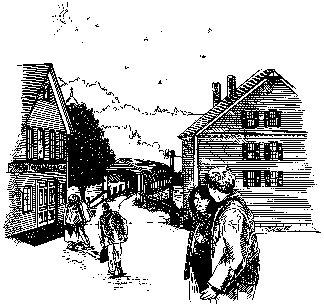 {{Line art of people, house, and covered bridge}}